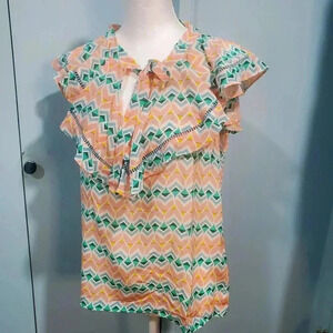 Paloma Blue Women's Top 100% Silk Size Medium Ruffle Sleeve tie neck